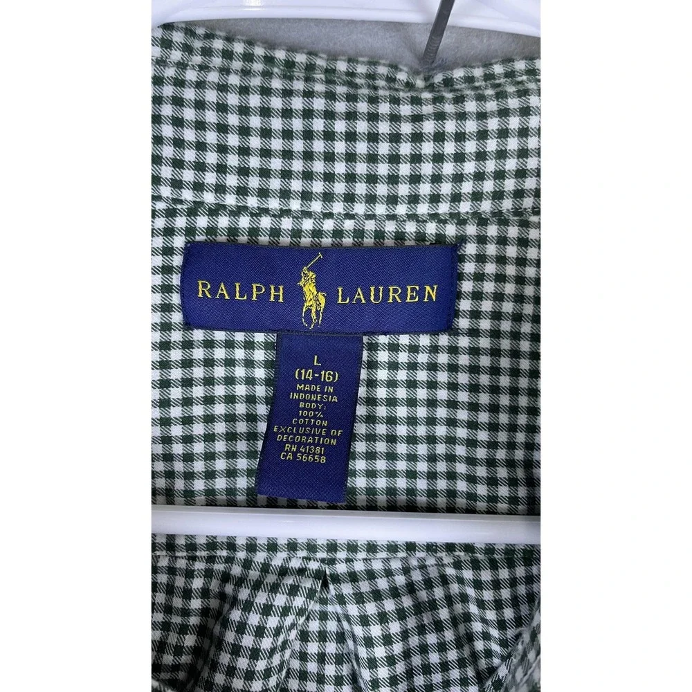 Ralph Lauren Shirt Youth L 14-16 Green Gingham Long Sleeve Button Down Pony Logo